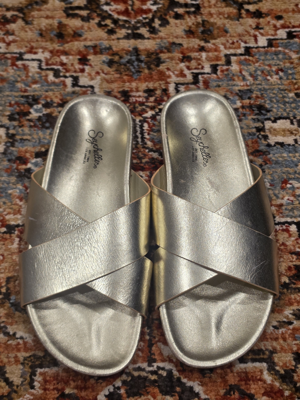 Seychelles Metallic Silver Cross‑Band Slide Sandals